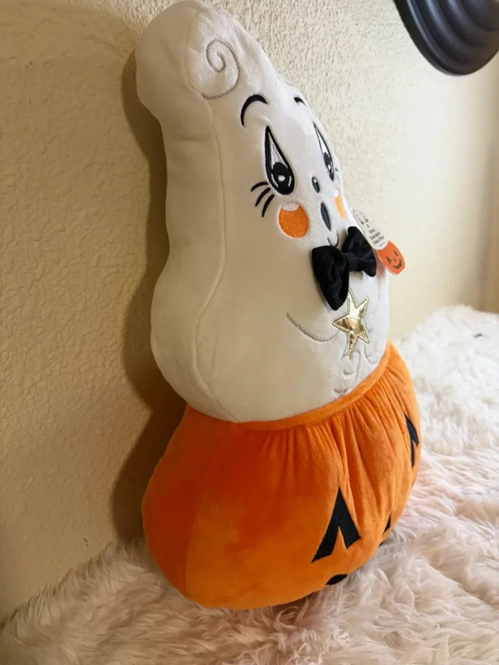 Halloween Ghost Pumpkin Velvet Embroidered Decorative Pillow 20x13 NWT